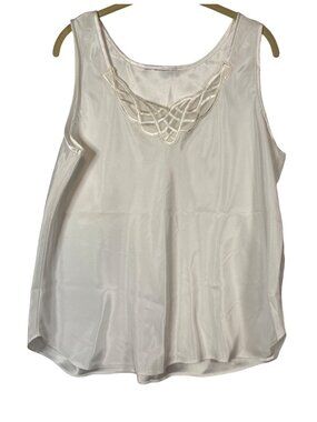 Womens White Satin Tank Top Embroidered Lattice Neckline Minimalist Coquette